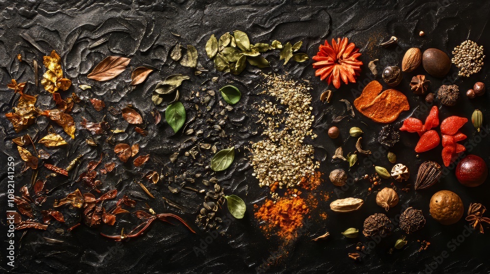 Poster ultra-realistic display of assorted spices and herbs on a black stone background. top view, empty sp