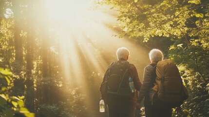 Fototapeta premium Senior couple holding hands walking through a forest with sunlight beaming through the trees.