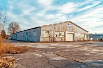 Fototapeta premium Abandoned industrial warehouse with rusty exterior on sunny day
