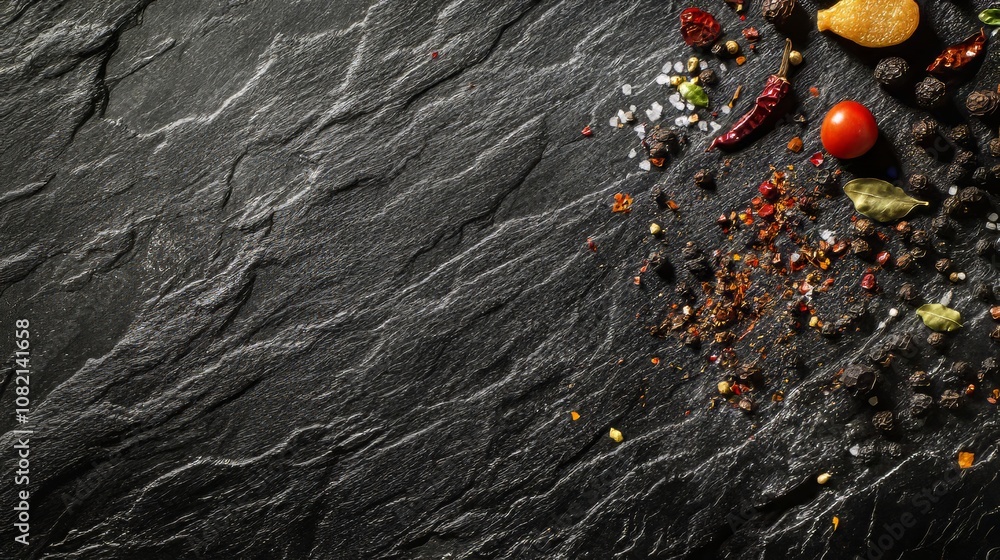 Poster ultra-realistic display of assorted spices and herbs on a black stone background. top view, empty sp
