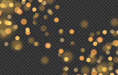Christmas New Year's Eve Birthday glowing bokeh confetti light and sparkling glitter texture overlay design. Festive transparent background for birtday. Holiday gold powder dust. Vector illustration.