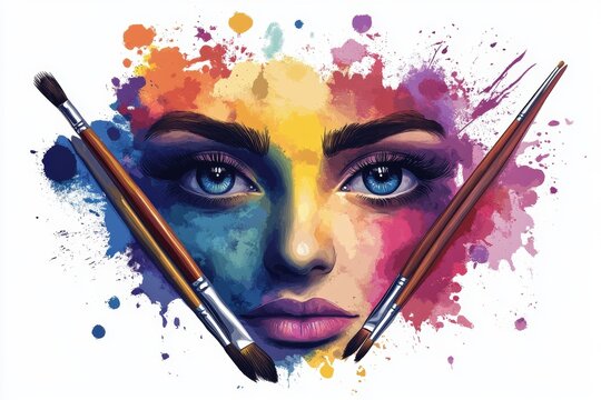 A lively logo featuring a female artist's creativity with colorful paint splashes and brushes, representing art and AI