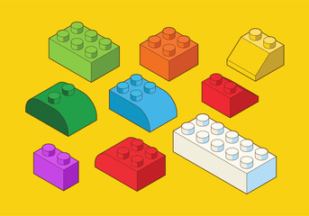 Simple pattern of building block, bricks for children. Vector isometric illustration. 3d block set isolated on color background.