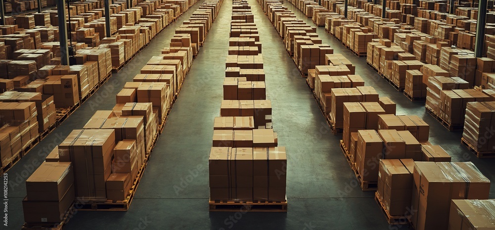 Poster a warehouse with rows of stacked cardboard boxes on wooden pallets, shot from above.