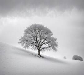 Lonely winter tree standing on snow-covered hill under dramatic grey sky
