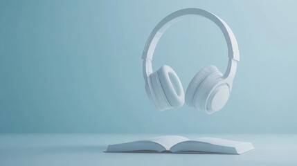 Fototapeta premium White headphones floating above an open book on a blue background. (1)