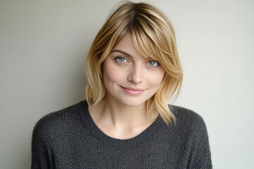 Obraz premium Close-Up Portrait of a Smiling Beautiful Woman in a Soft Knit Sweater, Embracing Modern Elegance and Warmth in a Minimalist Indoor Setting