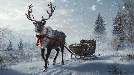 Medium shot of a reindeer pulling a sleigh in a snowy landscape, with a festive ribbon tied around its neck and snowflakes falling.