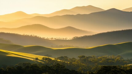 Sunrise over a mountain range with golden light casting long shadows, concept of new beginnings and adventure, warm and inspiring scenery.