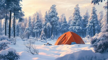 Camping in a snow-covered forest with a cozy tent