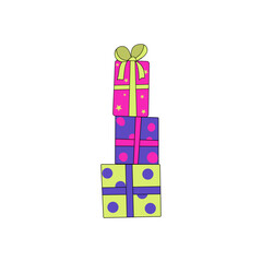 Colorful gift boxes, presents in doodle style. Holiday greeting card concept. Christmas, Birthday. Vector illustration