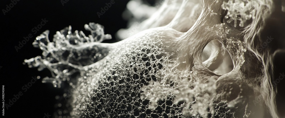 Poster Abstract white texture with a complex pattern of bubbles and tendrils on a dark background.