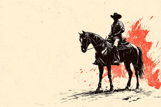 Illustration of a cowboy on horseback in a vintage sketch style with bold red brushstrokes on a beige background  
