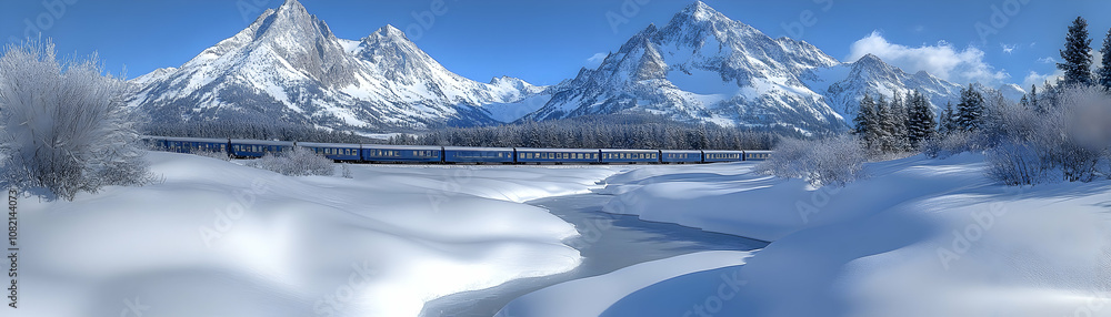Aufkleber train traversing through a snowy valley with snow covered mountains in the background.