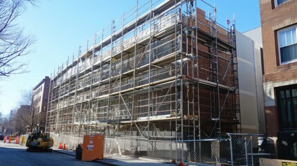 Temporary scaffolding for a residential building project; focusing on safety, construction techniques, and progress.