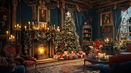 Fototapeta premium Elegant Christmas Decor in a Lavish Room with a Glowing Tree