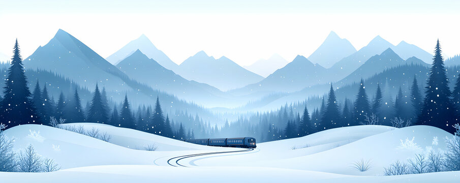 Train traveling through a snowy mountain landscape.