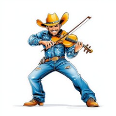 Cartoon Musician Playing Violin in a Cowboy Outfit
