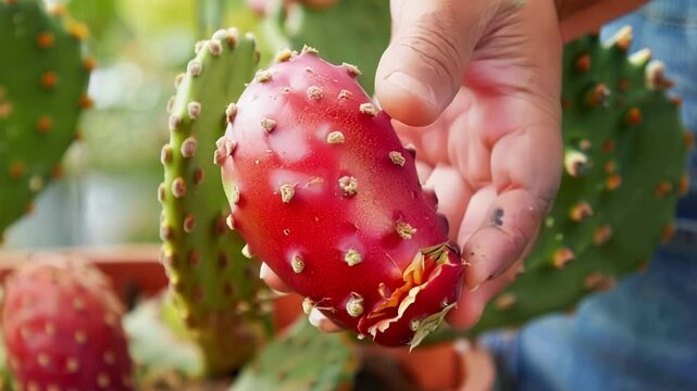 Picking ripe prickly pear fruit from a cactus plant, a farmer reveals juicy, vibrant flesh. Fresh, organic, and perfect for a healthy snack rich in vitamins. Taste summer with this nutritious treat