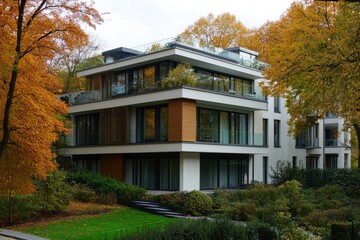 Fototapeta premium Modern luxury apartment building surrounded by autumn foliage in Berlin's leafy neighborhood