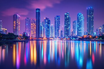 Fototapeta premium Luminous city skyline at dusk, buildings lit up in a variety of colors, reflecting on the calm water of a nearby river, creating a vibrant urban scene