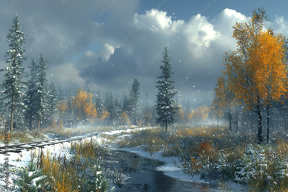 Poster a snowy forest path with a river winding through it.