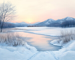 A serene winter landscape with a snow-covered lake, a distant bridge, and a picturesque sunset behind snow-capped mountains.