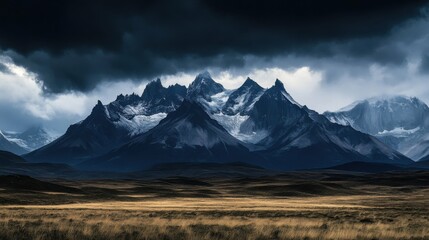 Majestic mountain range silhouette in black against a dramatic sky