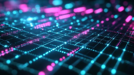 Obraz premium neon grid pattern on dark green background, cyberpunk theme, blue and magenta lights, soft glow, high contrast, digital art, futuristic tone