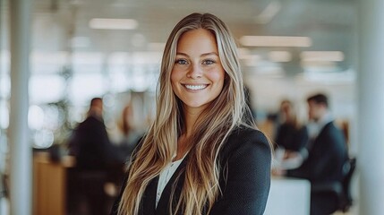 Fototapeta premium A smiling blonde woman in her 40s wearing a business suit in an office setting