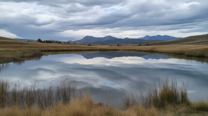 Serene lake reflecting cloudy sky, mountains in background, peaceful and quiet, calming nature, untouched beauty, soft and tranquil mood.