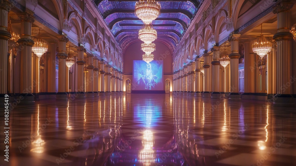 Poster An expansive hall with grand chandeliers and polished floors illuminated by a large screen displaying an abstract pattern.