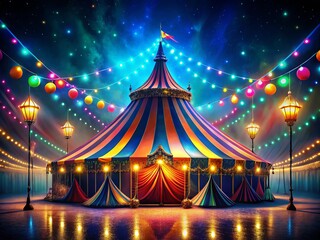 Colorful Circus Tent Illuminated at Night with Vibrant Lights Creating a Magical Atmosphere in a Captivating Low Light Photography Scene Perfect for Enchanting Visuals and Events.