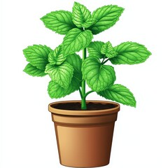 Cartoon Illustration of Potted Mint Plant