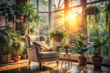 Cozy Armchair by Sunlit Window in a Minimalist Interior with Natural Elements, Exuding Warmth and Tranquility for a Peaceful Home Environment