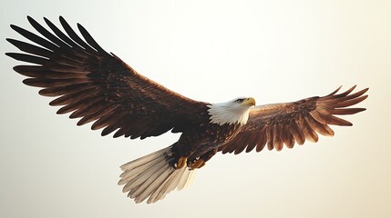 Obraz premium A majestic bald eagle soars through the air with its wings spread wide, showcasing its powerful presence and freedom.