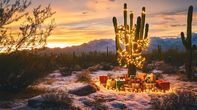 Desert Christmas: Cactus with Festive Lights and Gifts at Sunset
