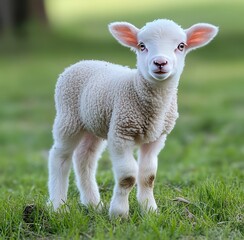 Obraz premium Adorable Young Lamb Standing on Green Grass in a Bright and Lively Pasture Illuminated by Soft Natural Light, Symbolizing Spring and New Beginnings
