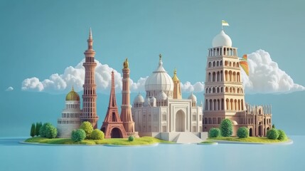 Naklejka premium A colorful island featuring famous global landmarks.