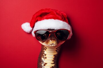 Cool snake wearing sunglasses and a Santa hat celebrating Christmas on a vibrant red background for a festive holiday card