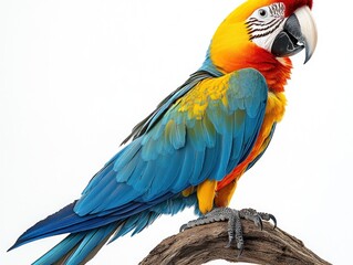 Fototapeta premium Vibrant Macaw Perched on a Natural Branch Showcasing Stunning Colors and Intricate Feather Patterns Against a Bright White Background