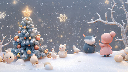 Charming festive scene featuring woodland creatures celebrating New Year\'s with a decorated tree in a snowy landscape