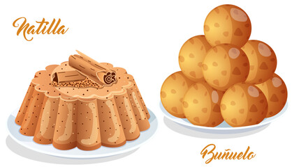 Plate of Colombian Natilla with Cinnamon Topping and Buñuelos (Cheese Fritters) Plate Isolated. Columbian & Spanish Pastries Authentic Illustration 