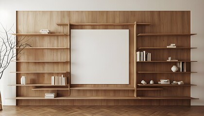
Image showcases a modern, minimalist interior design featuring a series of wooden shelves integrated into a wall. 