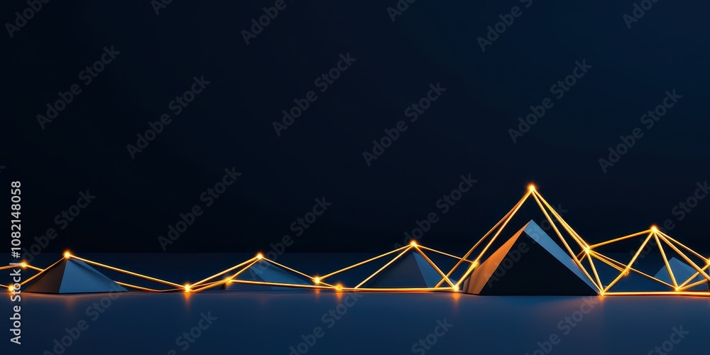 Poster a minimalist geometric design featuring triangular shapes illuminated by soft lights against a dark 