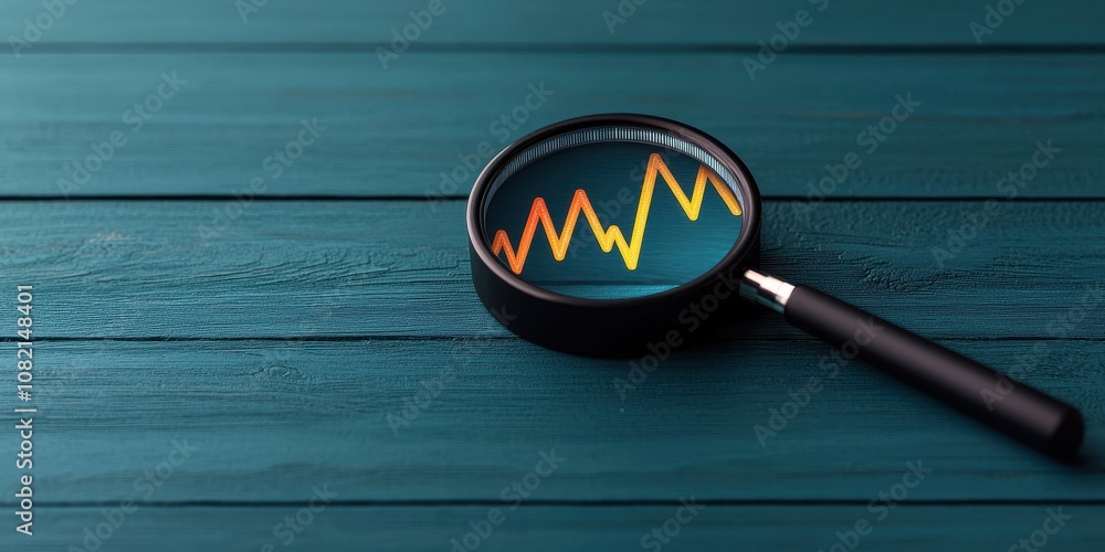 Poster a magnifying glass over a colorful line graph on a wooden surface, symbolizing analysis and data int