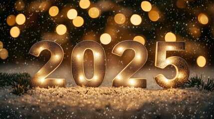 Golden 2025 illuminated numbers in festive bokeh background with snow