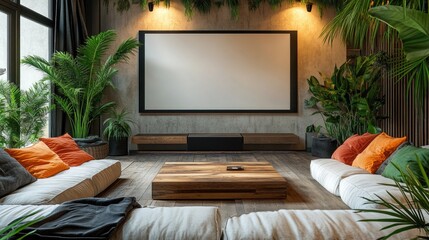 Modern living room with a projection screen and lush plants for a cozy and inviting atmosphere.
