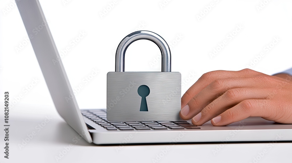 Poster a focused individual typing on a laptop with a padlock representing data security and online protect