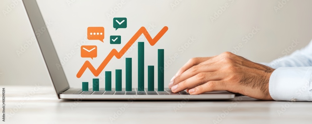 Poster a person is typing on a laptop while data charts and message icons illustrate growth and communicati